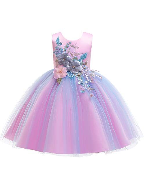 IBTOM CASTLE Flower Girls Rainbow Princess Tulle Dress Wedding Party Pageant Formal Evening Short Gown