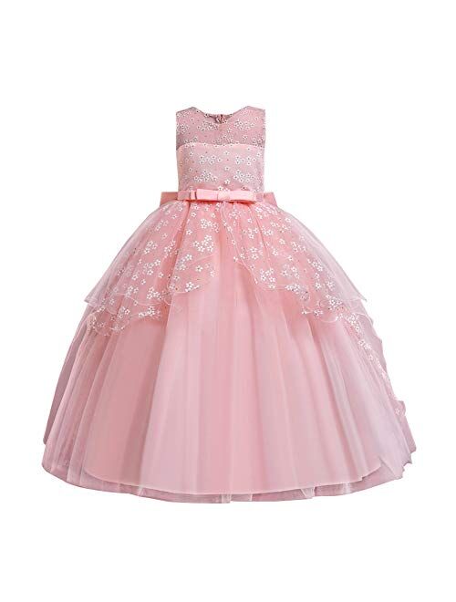 IBTOM CASTLE Girls Flower Vintage Lace Princess Long Dress for Kids Tulle Pageant Formal Party Wedding Floor Dance Evening Gown