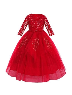 Flower Girl Communion Embroidery Lace Dress for Kids Junior Wedding Party Formal Dance Evening Maxi Gown with 3/4 Sleeve