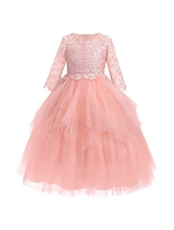 Flower Girl Communion Embroidery Lace Dress for Kids Junior Wedding Party Formal Dance Evening Maxi Gown with 3/4 Sleeve