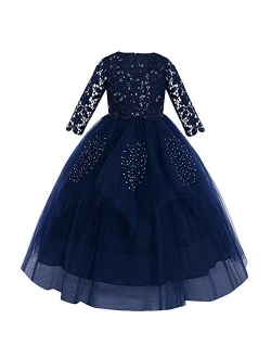 Flower Girl Communion Embroidery Lace Dress for Kids Junior Wedding Party Formal Dance Evening Maxi Gown with 3/4 Sleeve