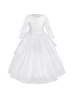 Flower Girl Communion Embroidery Lace Dress for Kids Junior Wedding Party Formal Dance Evening Maxi Gown with 3/4 Sleeve