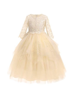 Flower Girl Communion Embroidery Lace Dress for Kids Junior Wedding Party Formal Dance Evening Maxi Gown with 3/4 Sleeve