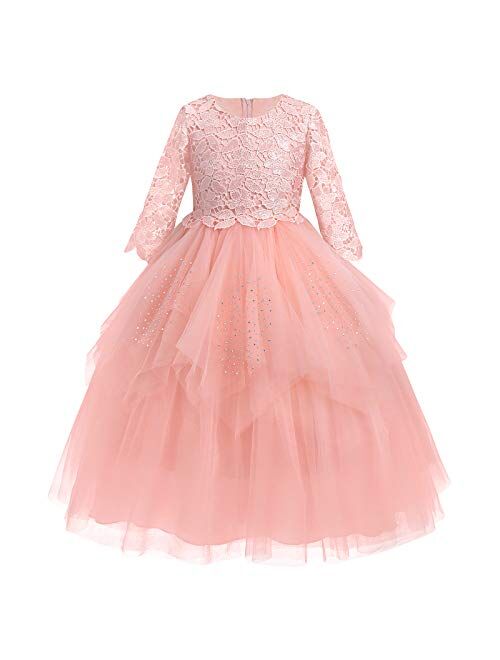 IBTOM CASTLE Flower Girl Communion Embroidery Lace Dress for Kids Junior Wedding Party Formal Dance Evening Maxi Gown with 3/4 Sleeve