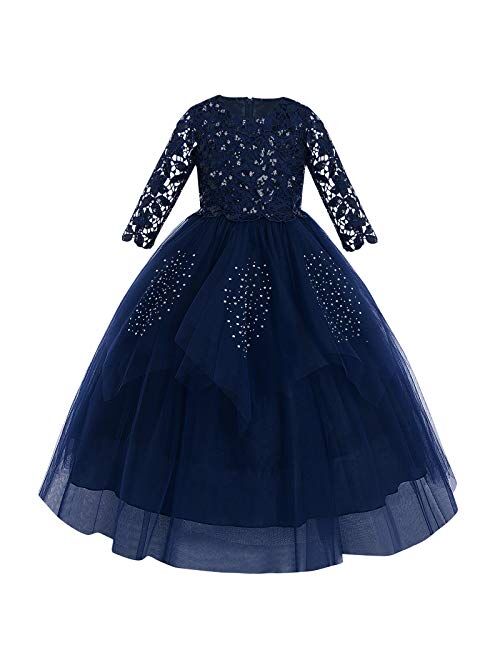 IBTOM CASTLE Flower Girl Communion Embroidery Lace Dress for Kids Junior Wedding Party Formal Dance Evening Maxi Gown with 3/4 Sleeve