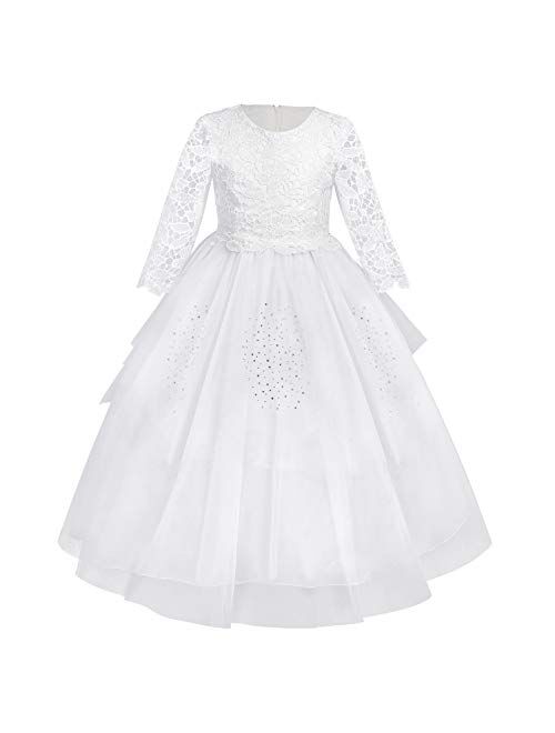 IBTOM CASTLE Flower Girl Communion Embroidery Lace Dress for Kids Junior Wedding Party Formal Dance Evening Maxi Gown with 3/4 Sleeve