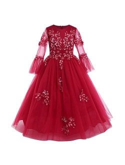 Flower Girls Vintage Floral Boho Lace 3/4 Sleeves Maxi Dress Wedding Princess Party Communion Evening Formal Dance Gown
