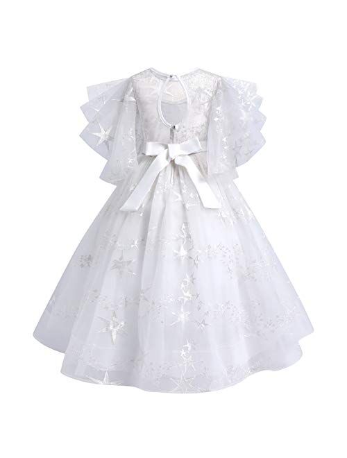 IBTOM CASTLE Flower Girls Princess Floral Boho Lace Embroidered Star Pageant Dresses for Kids Baby Party Wedding Puffy Communion Maxi Gown