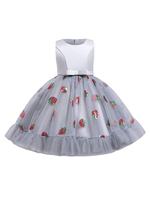 IBTOM CASTLE Girls Floral Shiny Strawberry Embroidery Princess Dress Kids Flower Ruffles Communion Party Pageant Wedding Formal Gown