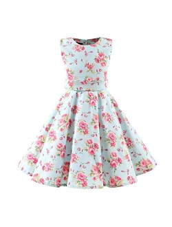 Girls 50s Vintage Polka Dot Flower Swing Rockabilly Prom Party Tea Dress Kids Audrey Wedding Formal Cocktail Evening Gown