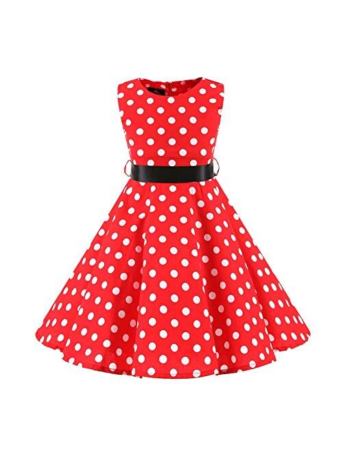 IBTOM CASTLE Girls 50s Vintage Polka Dot Flower Swing Rockabilly Prom Party Tea Dress Kids Audrey Wedding Formal Cocktail Evening Gown