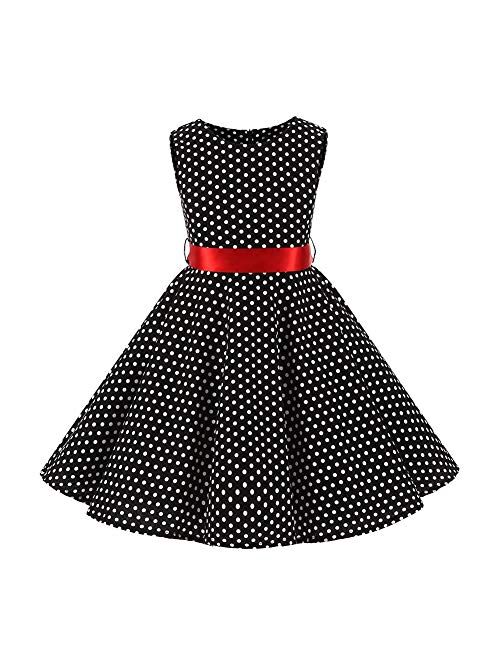 IBTOM CASTLE Girls 50s Vintage Polka Dot Flower Swing Rockabilly Prom Party Tea Dress Kids Audrey Wedding Formal Cocktail Evening Gown