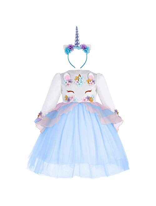 IBTOM CASTLE Baby Flower Girl Long Sleeve Pageant Princess Dress Up Wedding Birthday Party Costume Evening Dance Gown