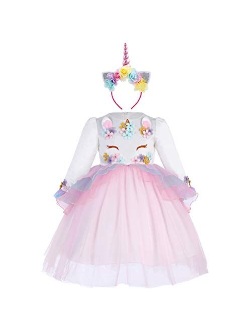 IBTOM CASTLE Baby Flower Girl Long Sleeve Pageant Princess Dress Up Wedding Birthday Party Costume Evening Dance Gown