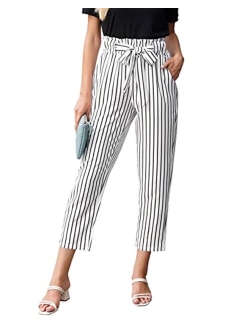 Women Ruffled High Waist Casual Pants Cropped Striped Pants