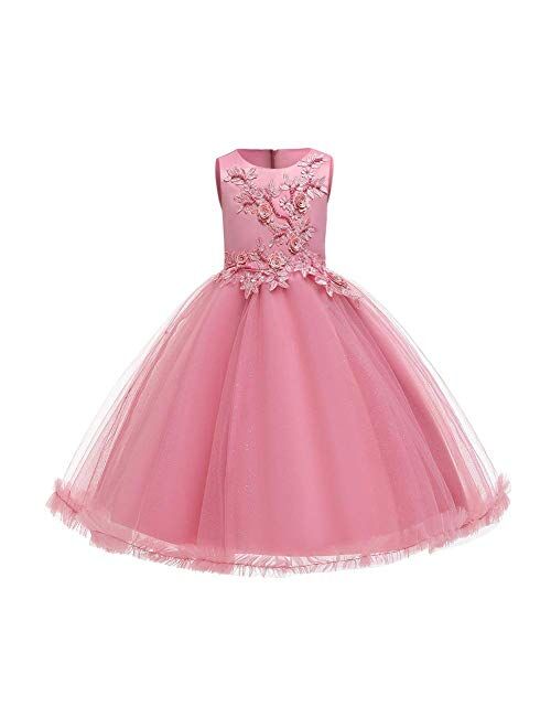 IBTOM CASTLE Big Girl Flower Lace Princess Tulle Long Dress for Kids Prom Formal Pageant Dance Gown