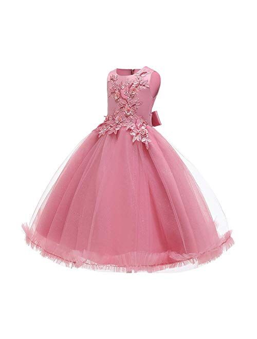 IBTOM CASTLE Big Girl Flower Lace Princess Tulle Long Dress for Kids Prom Formal Pageant Dance Gown