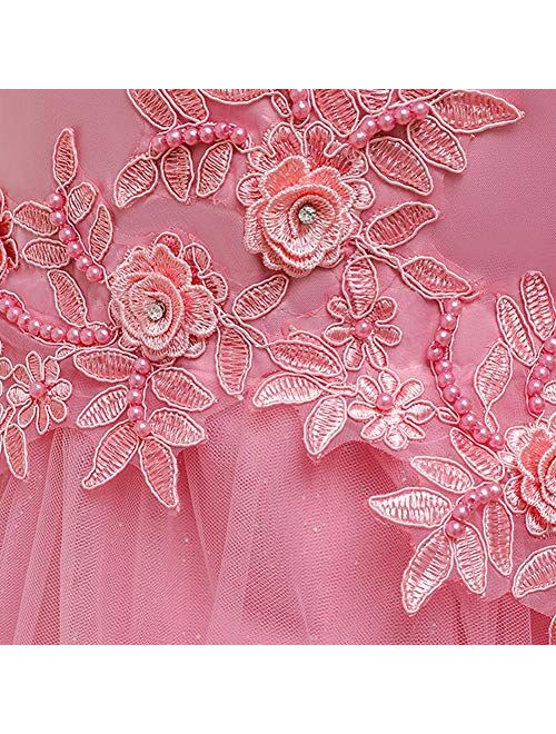 IBTOM CASTLE Big Girl Flower Lace Princess Tulle Long Dress for Kids Prom Formal Pageant Dance Gown