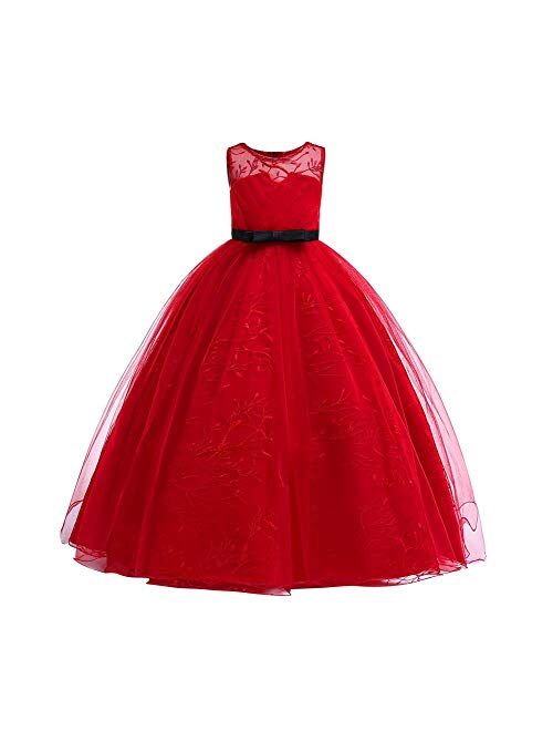 IBTOM CASTLE Big Girl Flower Lace Princess Tulle Long Dress for Kids Prom Formal Pageant Dance Gown