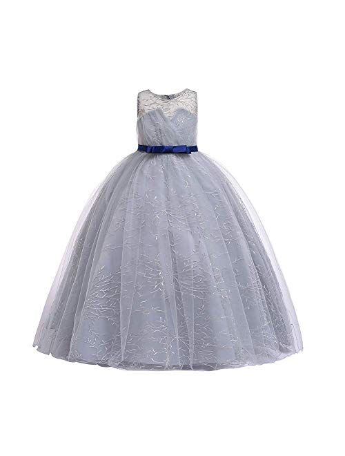 IBTOM CASTLE Big Girl Flower Lace Princess Tulle Long Dress for Kids Prom Formal Pageant Dance Gown