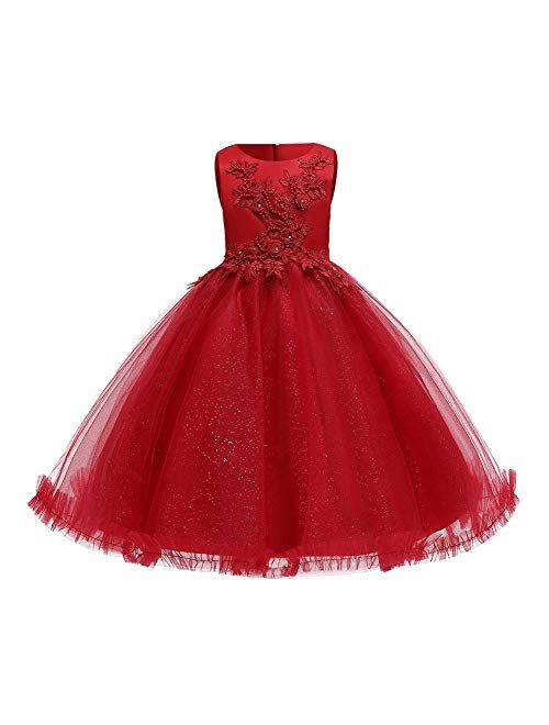 IBTOM CASTLE Big Girl Flower Lace Princess Tulle Long Dress for Kids Prom Formal Pageant Dance Gown