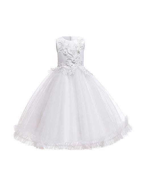 IBTOM CASTLE Big Girl Flower Lace Princess Tulle Long Dress for Kids Prom Formal Pageant Dance Gown