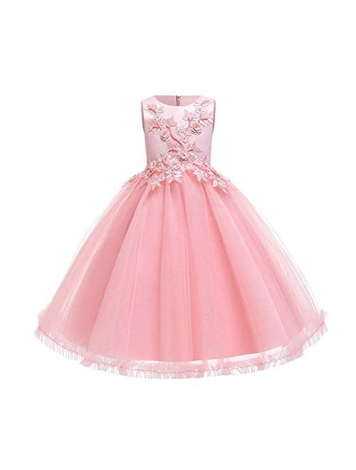 IBTOM CASTLE Big Girl Flower Lace Princess Tulle Long Dress for Kids Prom Formal Pageant Dance Gown