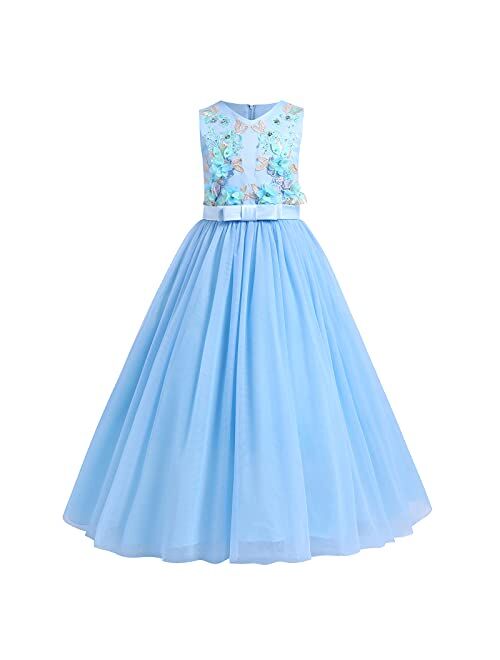 IBTOM CASTLE Big Girl Flower Lace Princess Tulle Long Dress for Kids Prom Formal Pageant Dance Gown