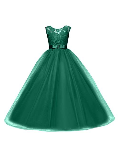 IBTOM CASTLE Big Girl Flower Lace Princess Tulle Long Dress for Kids Prom Formal Pageant Dance Gown