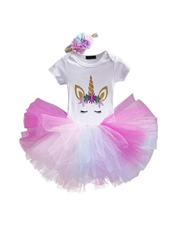 Baby Girls 1st Birthday Cake Smash 3pcs Outfits Set Cotton Romper Bodysuit Tutu Dress Flower Headband Princess Skirt Clothes