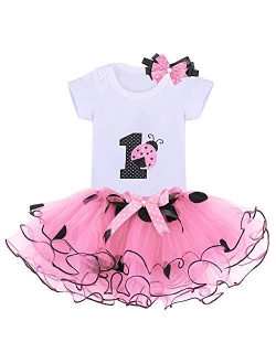 Baby Girls 1st Birthday Cake Smash 3pcs Outfits Set Cotton Romper Bodysuit Tutu Dress Flower Headband Princess Skirt Clothes