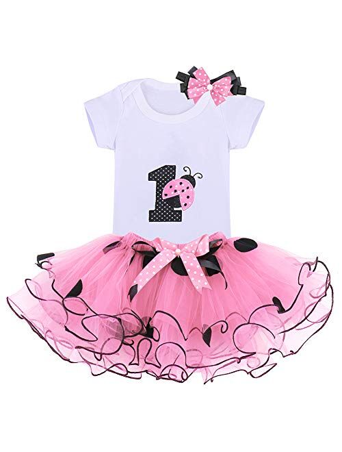 IBTOM CASTLE Baby Girls 1st Birthday Cake Smash 3pcs Outfits Set Cotton Romper Bodysuit+Tutu Dress+Flower Headband Princess Skirt Clothes