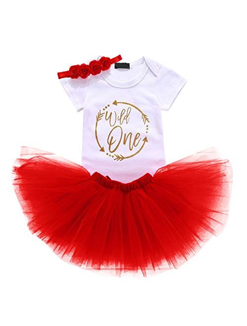 IBTOM CASTLE Baby Girls 1st Birthday Cake Smash 3pcs Outfits Set Cotton Romper Bodysuit+Tutu Dress+Flower Headband Princess Skirt Clothes