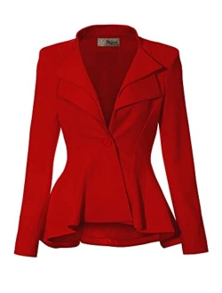 Hybrid Women's Casual Work Office Dressy Double Notch Lapel Sharp Shoulder Pad Single Button Peplum Comfy Blazer