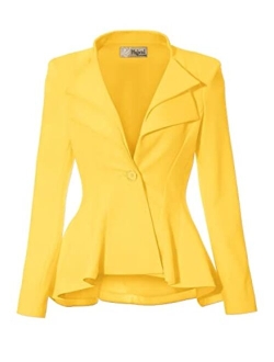 Hybrid Women's Casual Work Office Dressy Double Notch Lapel Sharp Shoulder Pad Single Button Peplum Comfy Blazer