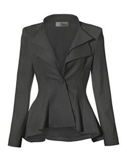 Hybrid Women's Casual Work Office Dressy Double Notch Lapel Sharp Shoulder Pad Single Button Peplum Comfy Blazer