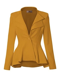 Hybrid Women's Casual Work Office Dressy Double Notch Lapel Sharp Shoulder Pad Single Button Peplum Comfy Blazer