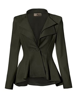 Hybrid Women's Casual Work Office Dressy Double Notch Lapel Sharp Shoulder Pad Single Button Peplum Comfy Blazer