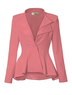 Hybrid Women's Casual Work Office Dressy Double Notch Lapel Sharp Shoulder Pad Single Button Peplum Comfy Blazer