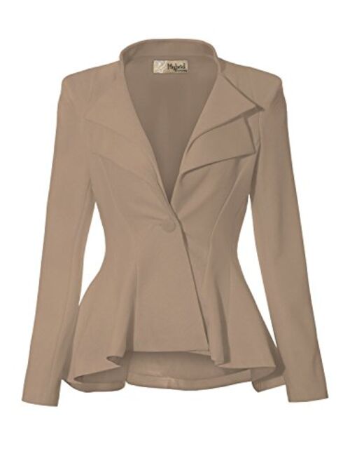 Hybrid Women's Casual Work Office Dressy Double Notch Lapel Sharp Shoulder Pad Single Button Peplum Comfy Blazer