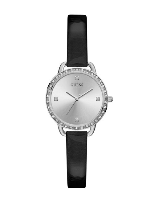 Guess Women's Glitz Silver-Toned Black Patent Leather Watch 30mm