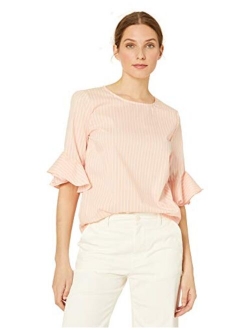 Women's Striped Poplin Bell Sleeve Blouse with Ruffles