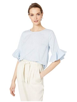 Women's Striped Poplin Bell Sleeve Blouse with Ruffles