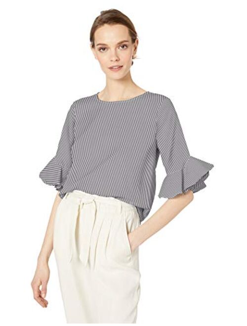 Calvin Klein Women's Striped Poplin Bell Sleeve Blouse with Ruffles