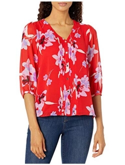 Women's Long Sleeve Printed Blouse with Front Pleats and Buttons