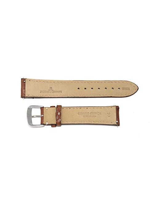 Jacques Lemans 20MM Genuine Ostrich Leather Skin Watch Strap Band Brown with Silver Tone JL Initial Stainless Steel Buckle