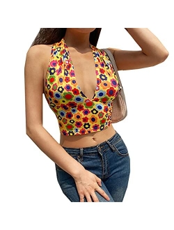 Women's Print Sleeveless V Neck Camisole Bandage Halter Backless Crop Top