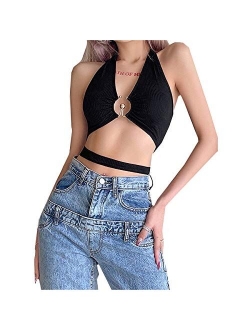 Women's Print Sleeveless V Neck Camisole Bandage Halter Backless Crop Top