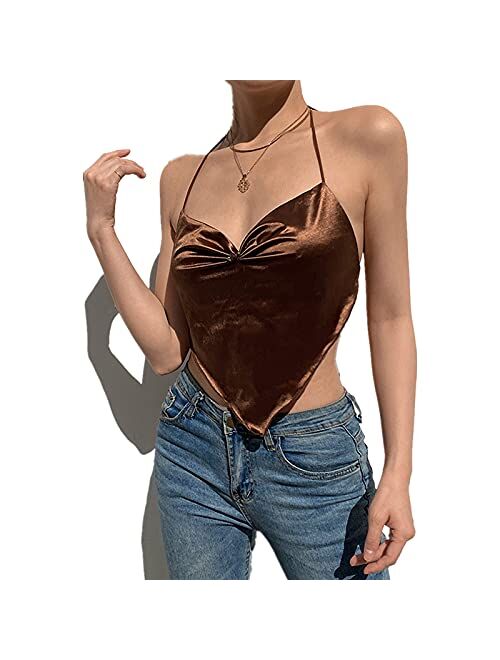 Women's Print Sleeveless V Neck Camisole Bandage Halter Backless Crop Top