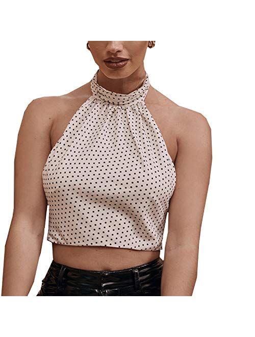 Women's Print Sleeveless V Neck Camisole Bandage Halter Backless Crop Top